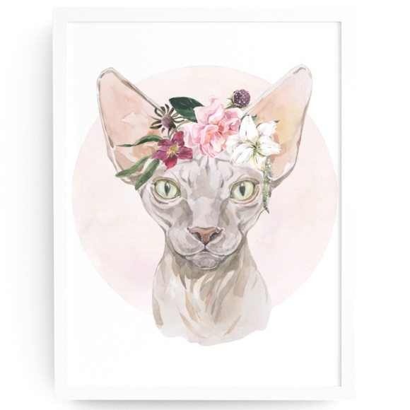 Art | Watercolor Floral White Sphynx Cat Wall Art Illustration Print ...